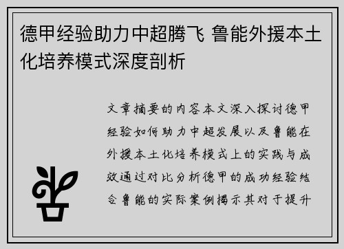 德甲经验助力中超腾飞 鲁能外援本土化培养模式深度剖析