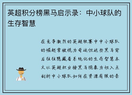 英超积分榜黑马启示录：中小球队的生存智慧