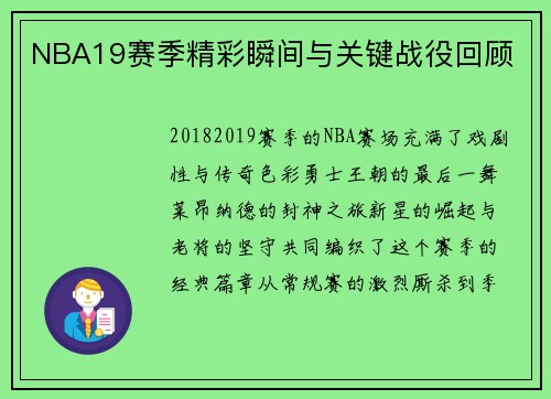 NBA19赛季精彩瞬间与关键战役回顾